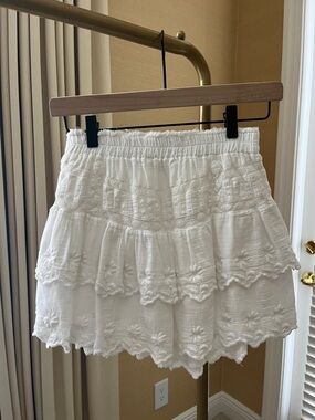LoveShackFancy White Tiered Embroidered Mini Skirt